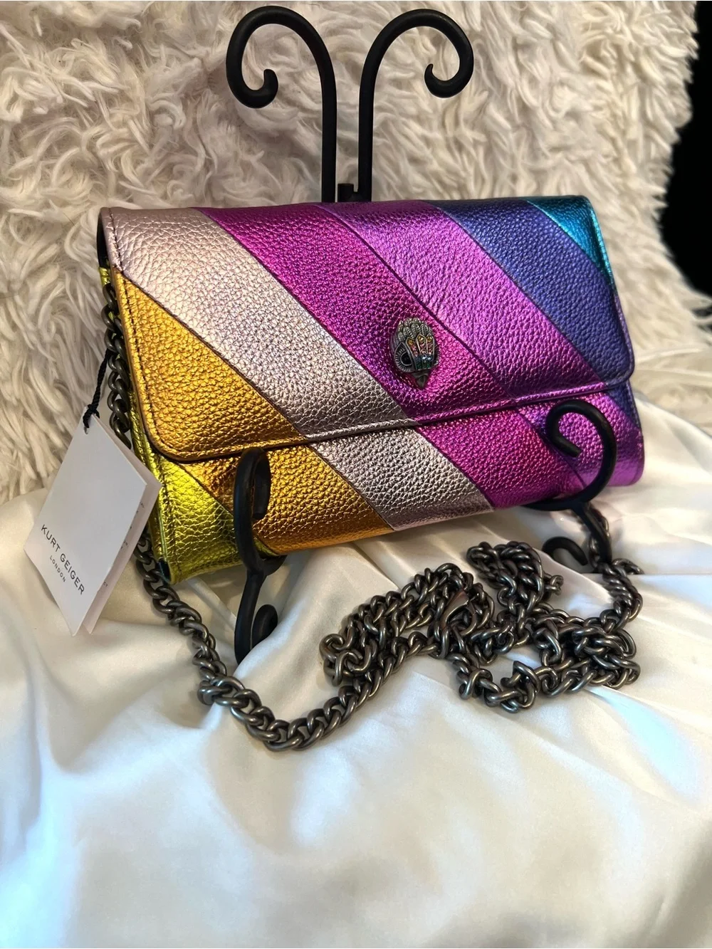 💜Kurt Geiger London rainbow-stripe metallic clutch wallet bag💜NWT
